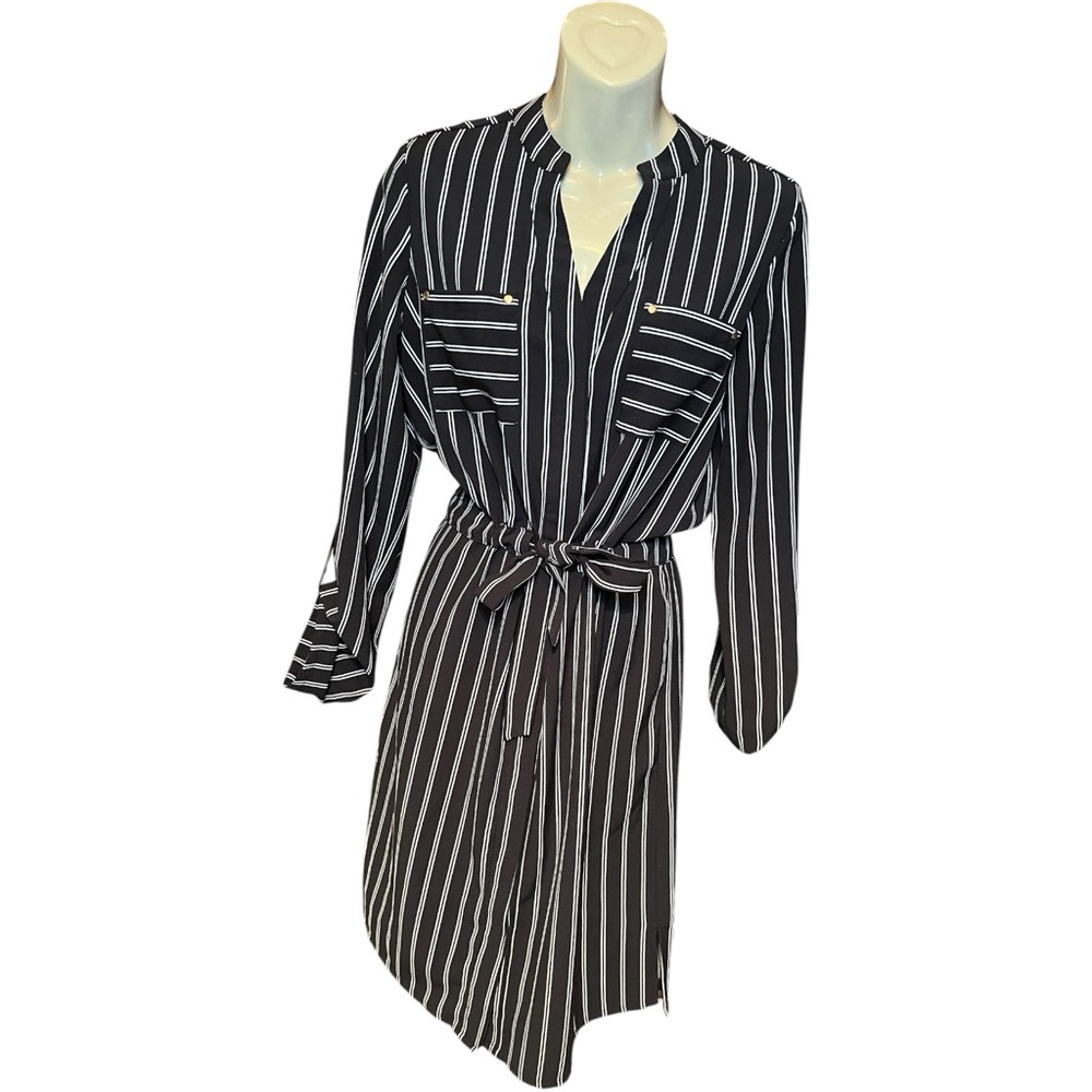 Suzy Shier Black and White Striped Midi Shirt Dress